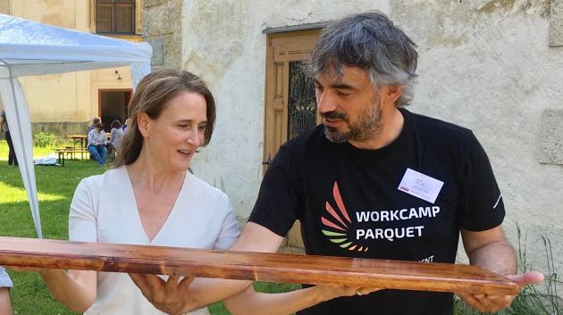 René Caran with Astrid Huber-Reichl, the director of the Federal Conservation Office in Mauerbach, Austria, discussing historical flooring